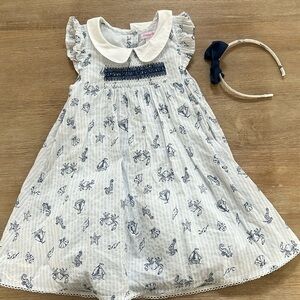 Tommy Bahama White and Navy Nautical Smocked Dress with Bow Headband